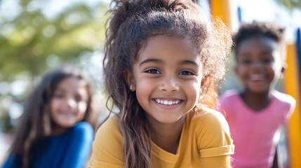 Multicultural kids playing together in schoolyard Close-up