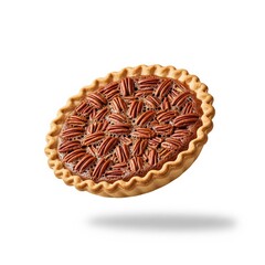 Elevated pecan pie with crimped crust and shadow on a white background