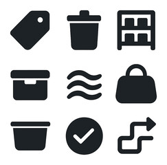 Modern Icon Grid. Solid, filled icons set of labeling and sorting systems: label icon, bin icon, neat shelf,