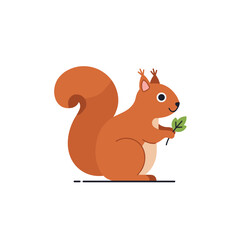 Cartoon Squirrel Holding a Green Leaf with a Bushy Tail and Small Ears.