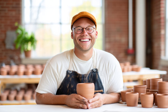 A smiling man wearing glasses and a cap holds a clay pot with several other pots on the table, surrounded by a bright, airy pottery studio.