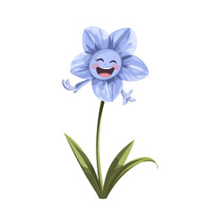 A cute bluebell flower with a laughing expression and tiny hands, isolated on a white background. Joyful and fun.