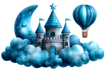 Watercolor clipart set with baby blue castle, clouds, silver stars, hot air balloon, and crescent moon with smiling face arranged in soft magical theme. Isolated, no background. Ultra HD