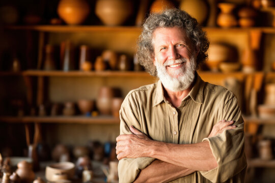Smiling elderly man with curly hair and beard stands confidently with arms crossed in a pottery workshop filled with clay pots and shelves in the background.