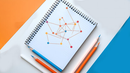 Notebook with connected dots sketch and colored pencils on geometric background

