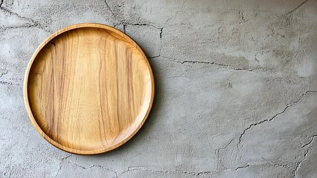 Round wooden plate on gray textured background