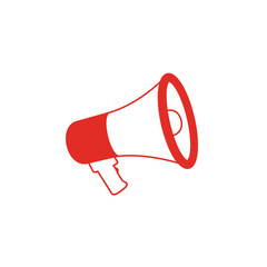 Red and white megaphone icon communication and announcement symbol.