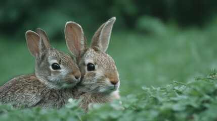 Fototapeta premium Two whimsical bunnies cuddle in verdant clover, evoking the gentle embrace of springtime renewal and Easter magic