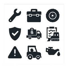 Construction Icons Grid. Solid, filled icons set of construction vehicle safety and maintenance: wrench icon,