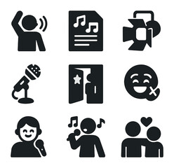 Karaoke Icon Collection. Solid, filled icons set of behind-the-scenes karaoke fun: warm-up icon, lyric sheet,