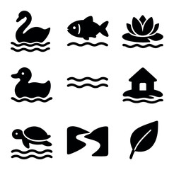 Obraz premium Nature Icons Grid. Solid, filled icons set of nature integration and wildlife in floating areas: swan icon,