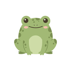 Cartoon Green Frog with Pink Cheeks and Dark Brown Eyes Sitting Upright.