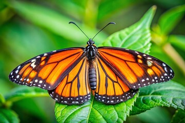 Fototapeta premium A large orange butterfly sits on a leaf