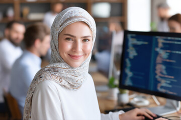 A woman wearing a hijab smiles while working on coding at a computer in a collaborative office environment.