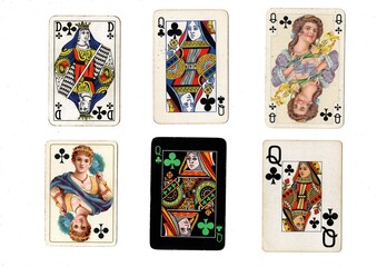 A vintage playing card in different designs isolated on a white background.