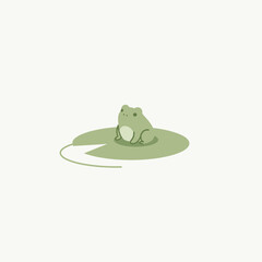Minimalist Light Green Frog Sitting on a Lily Pad with a Trailing Stem.