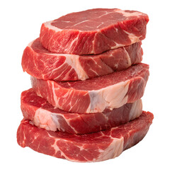 Stack of raw beef chuck steaks isolated on transparent background