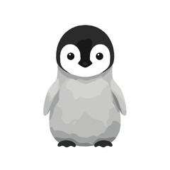 Cartoon Emperor Penguin Chick with Black Head and Grey Body Standing Upright.