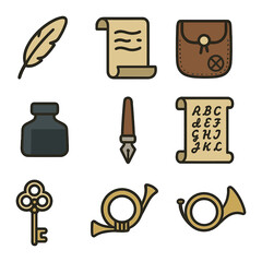 Vintage Mail Icons. Flat icon set of vintage mailwriting: feather quill, parchment paper, postal pouch,