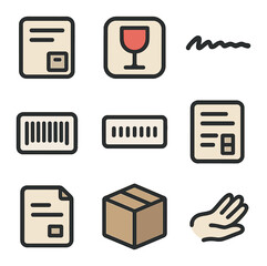 Package Labeling Icons. Flat icon set of package labeling: shipping label, fragile stamp, handwritten