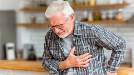 Senior man experiencing chest pain in the kitchen indoors