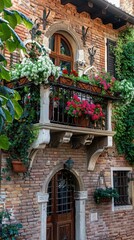 Fototapeta premium Italian Balcony Decorated with Flowers, Historic Building Exterior, Vibrant Plants, City Streets