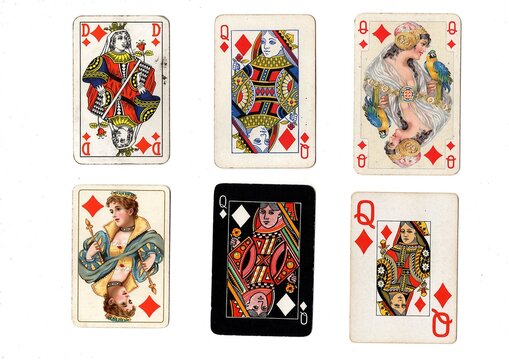A vintage playing card in different designs isolated on a white background.