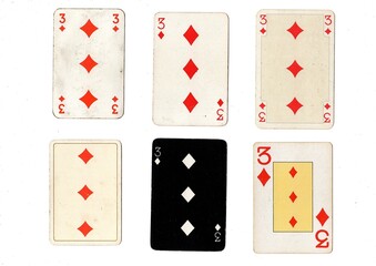 A vintage playing card in different designs isolated on a white background.