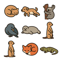 Fototapeta premium Animal Sleeping Icons. Flat icon set of sleeping positions in animals: curled cat, side-lying dog,