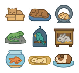 Pet Sleep Icons. Flat icon set of pet sleep scenes: cat in box, dog in bed, hamster in wheel, lizard on rock,