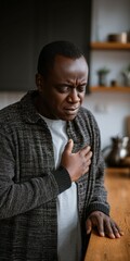Man experiencing chest pain in kitchen, possibly heart attack