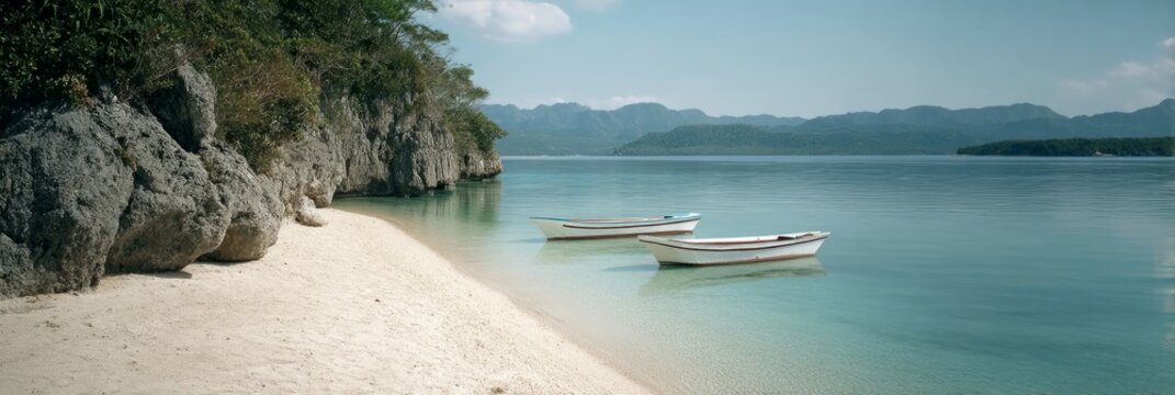 Idyllic boats float on serene turquoise waters beside a rocky cove, evoking tranquility and wanderlust during Hammock Day celebrations