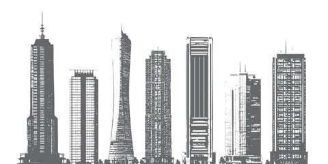 City skyline in silhouette style, lit windows sparkling at night. Transparent background fits seamlessly into any layout, great for finance websites,