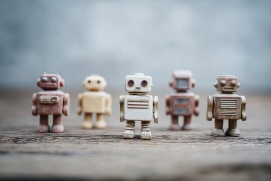 Charming retro robots on vintage wood, celebrating Obon Festival's quirky technology homage and World Robot Day's nostalgic reverie