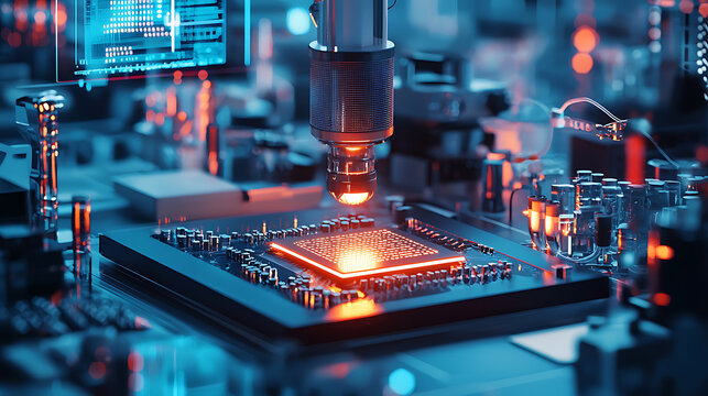 A computer chip is being examined under a microscope