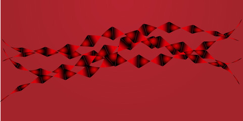 Geometric abstract design featuring interwoven red and black ribbons forming zigzag patterns across a red background.