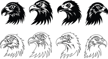 Eagle head side view icon set in silhouette and outline style collection