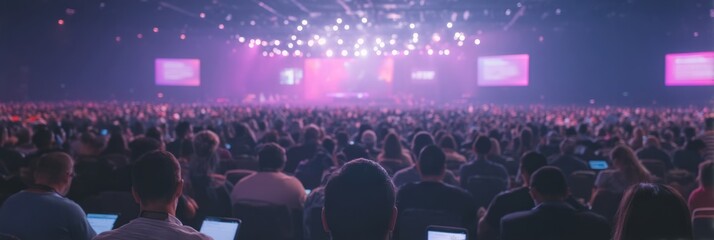 Enthralled audience in cavernous conference hall, mind-meld of ideas, blending tech symposium with Nordic Jolabokaflo literary whispers