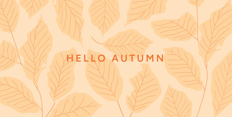 Fototapeta premium Simple autumn leaf pattern on beige background. Flat orange foliage with thin lines in minimal seamless botanical style. For seasonal banner, wallpaper, card, invitation, header. Vector illustration