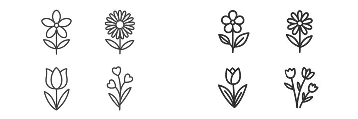 Collection of hand-drawn floral designs displayed on a white background featuring various flower types and arrangements