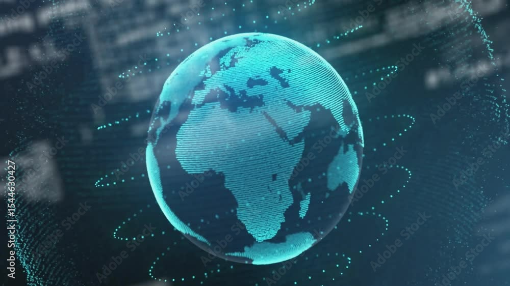 Aufkleber code particles panning, forming spinning 3d globe circling dots fading 5g label emphasizing network