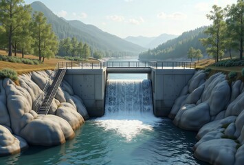 Small Dam Waterfall. A small dam and waterfall surrounded by rock formations in a serene, mountainous landscape, summer day.