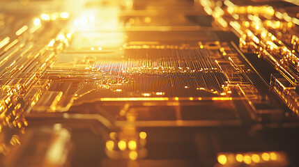 A computer chip is shown in a gold color