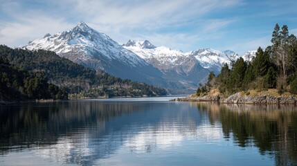 Scenic View of Snow-Capped Mountains Reflected in a Tranquil Lake Under a Clear Blue Sky Near the National Park