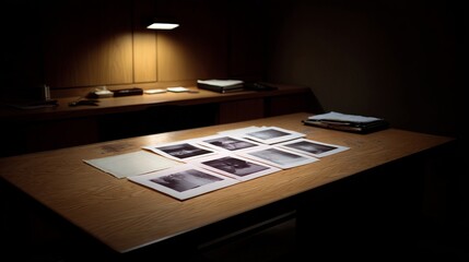 A dim-lit desk with scattered photos evokes noir mystery, nostalgic retrospection, and World Detective Day vibes
