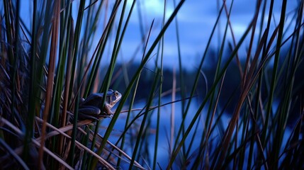 Obraz premium Frog perches among tall wetland grasses near a body of water