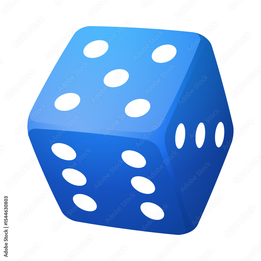 Poster a single blue dice with white dots on a black background in a studio shot with soft lighting