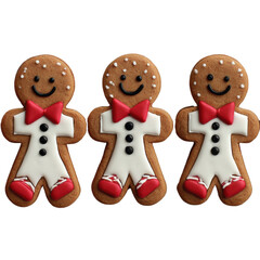 Three gingerbread men decorated with white icing, red bow ties, and red shoes, each smiling with black icing eyes and buttons.