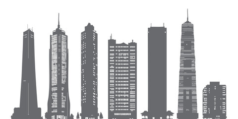 Silhouette of city skyscrapers glowing with soft lights, set against a transparent background. Perfect for business themes, websites, or modern urban banners needing a clean, professional metropolitan