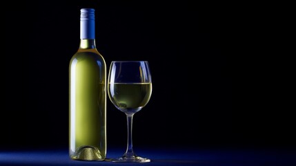 Obraz premium A golden wine bottle and glass glimmer under moonlit intrigue, ideal for Vinoyasa or the Macrina wine ritual
